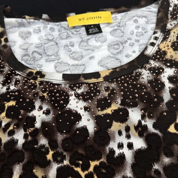 St. John Leopard Print T-Shirt Embellished Size M - Picture 2 of 6